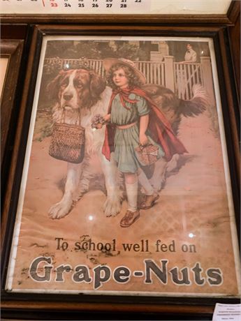 Framed Grape-Nuts Advertisement W/Child & St. Bernard Dog
