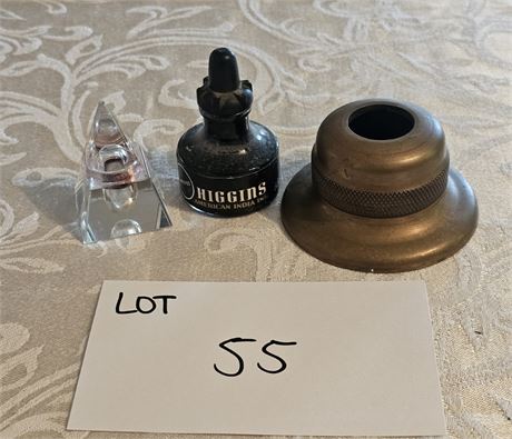 Antique Ink Wells - Solid Brass Well And Glass Pyramid Well