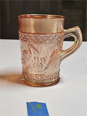 Dugan Marigold Carnival Glass Stork & Rushes Lattice Band Mug