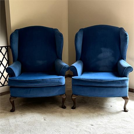 Vintage Stratford Blue Velvet Wingback Chairs