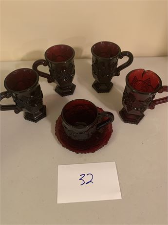 Avon Cape Cod Ruby Red Glassware 4 Mugs and 1 Tea Cup and 1 Saucer