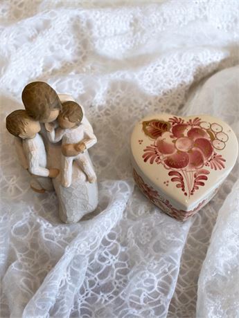 Delf Hand-Painted Heart Trinket Box & 2002 Willow Tree "Quietly" Figurine