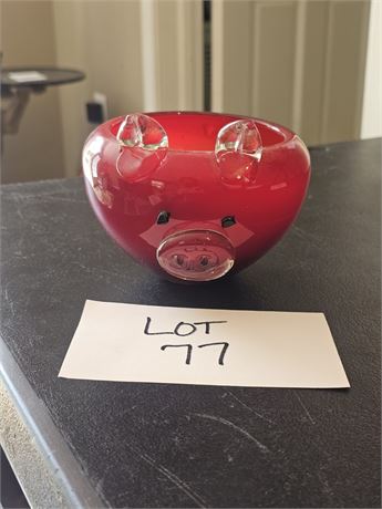 Red Glass Piggy Bowl With Applied Ears & Tail