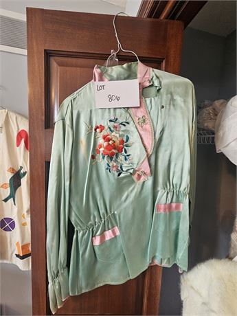 Vintage Satin Japanese-Style Embroidered Top - Size Medium