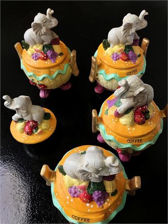 Ceramic Elephant-Themed Canister Set W/Fruit Design (Set of 4 & Extra Lid)
