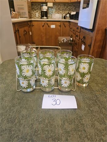 Vintage Libby Glass Daisy Tea Glasses & Holder