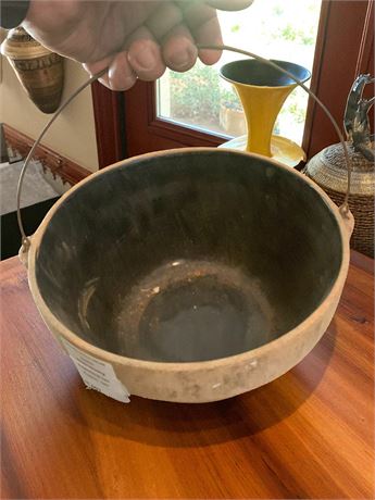 Clay Pottery Hanging Bowl Pot W/Metal Handle
