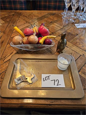 Mixed Decor Lot: Brass Tray / Brass Penguin / Faux Fruit & More