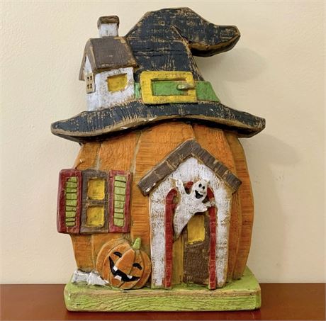 Large Chalkware Pumpkin Shaped Haunted House Door Stopper Decor