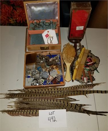 Mixed Jewlery & More- Earring, Brooches, Boxes, Pheasant Feathers & More