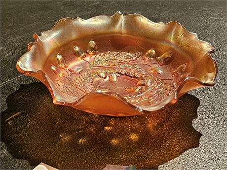 Fenton Acorn Pattern Carnival Marigold Bowl