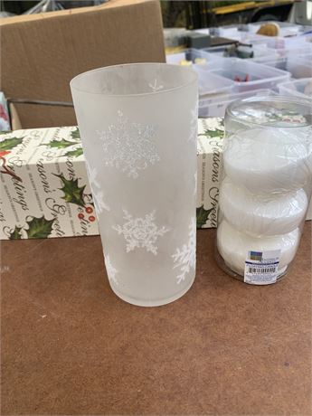 Frosted Christmas Glass Candleholder/Candles Lot