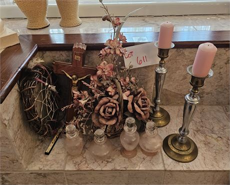 Mixed Home Pink Theme Decor - Candlesticks, Faux Floral & Perfume Bottles