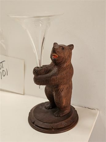 Black Forest Carved Wood Bear with Etched Flute