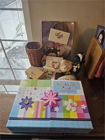 Mixed Decor Lot- Art Print, Hand Made Cards, Figurines & More