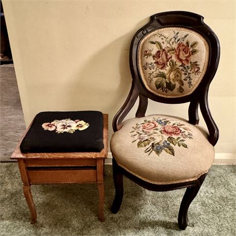 Old Needlepoint Side Chair & Stool with Storage