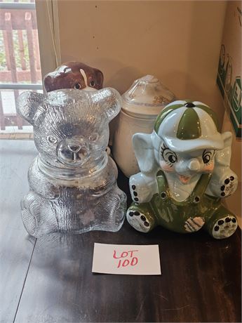 Mixed Cookie Jar Lot- Ceramic Elephant, Clear Glass Bear, Mercuries Dog Jar