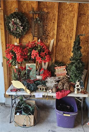 Christmas Lot: 3 Ft Faux Point Plants, 4Ft Potted Tree, Lights, Ornaments & More