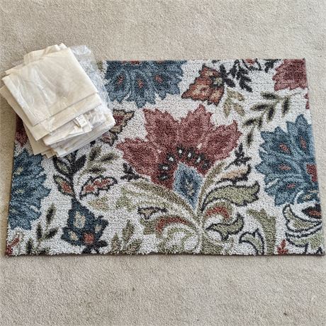 Floral Accent Rug and Set of 6 Sheer Drapery Panels