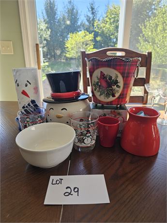 Mixed Christmas Decor- Members Mark Snowman Cookie Jar, Pfaltzgraff Winterberry,