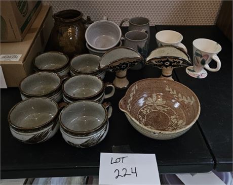 Stoneware Lot - Soup Cups / Mugs / Pitcher & More