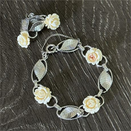 Lovely Sterling Silver 925 Carved Roses Bracelet and Earrings Set