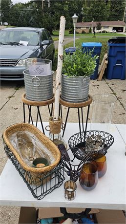 Mixed Decor Lot- Galvanized Plant Holders With Stands, Baskets & More