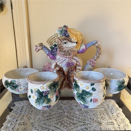 1991 Fitz & Floyd Wolf In Disguise Teapot w/ Cups & Saucers Set