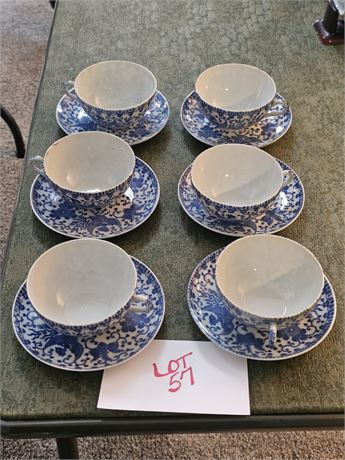 Vintage Blue & White Japanese Porcelain Teacups & Saucers