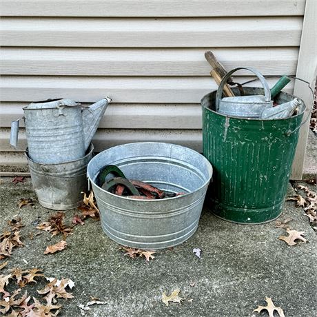 Mixed Lot Galvanized Basin, Steel Receptacles, Old Horseshoes and More