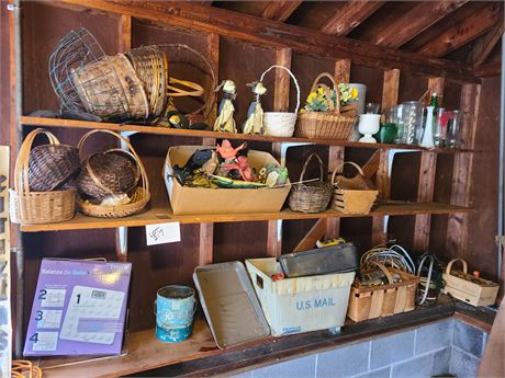 Garage Shelf Cleanout: Baskets/Vases/Scale/Electrical/Yard Art & More