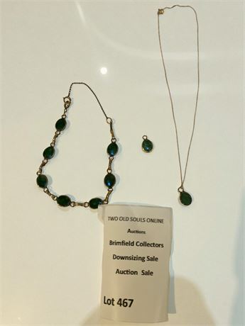 Art Deco Statement Necklace W/Green Jade Scarab Stones, Jade Pendant Necklace