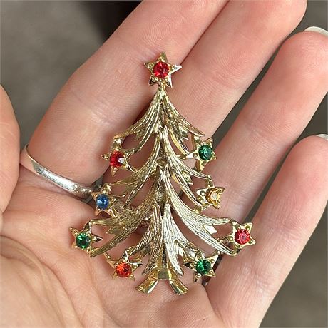 Vintage Beatrix Christmas Tree Colorful Rhinestone Gold Tone Brooch, 2.5"H