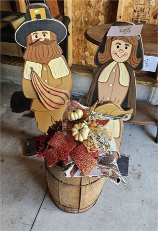 Fall/Thanksgiving Decor & 19" Wood Barrel, Wood Pilgrim Decor, Faux Flowers & Mo