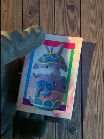 Vintage Peek A Boo Bunny Bell Polystone/Feather Easter Ornament Lot/Org Boxes