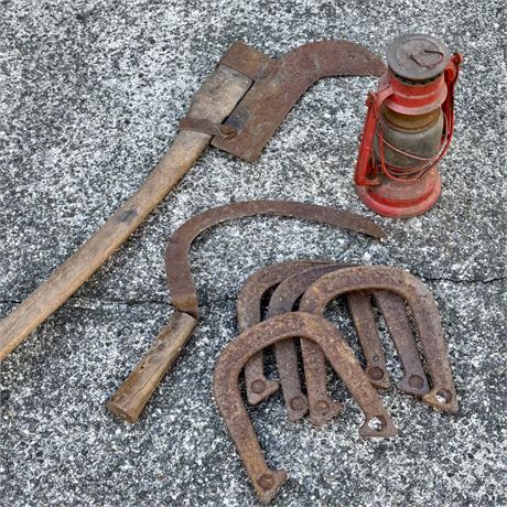 Rustic Lot - Antique Brush Hook Axe, Old Wonder Horseshoes & More