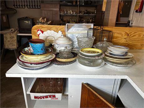 Pink Glass Cups and Misc Plates, China and DIshes