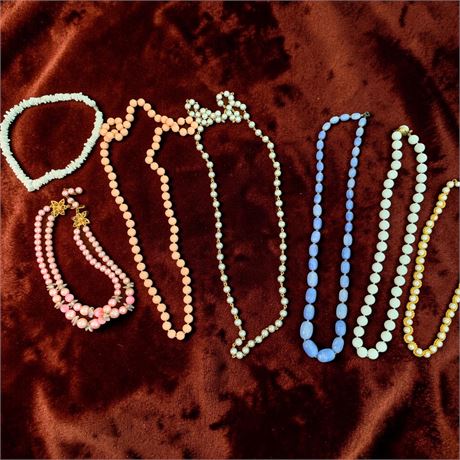 Beaded Necklace Lot - Pink Double-Strand, White Puka Shell Choker & More