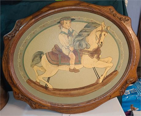 B. Jenning Oil on Canvas Print - Boy & Rocking Horse in Oval Wood Frame