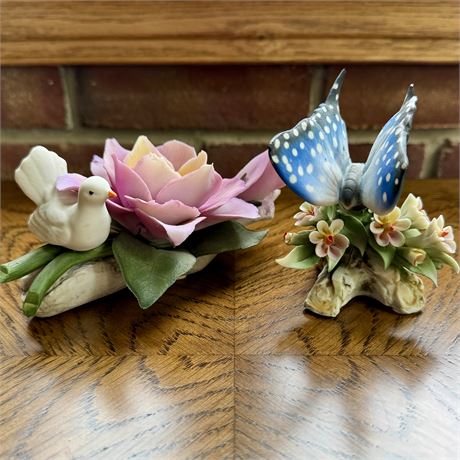 Capodimonte Italy Porcelain Dove with Flowers and Butterfly Figurine