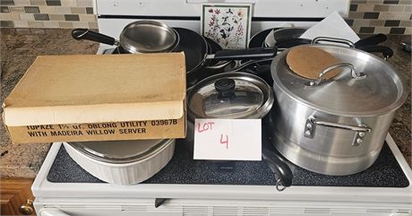 Mixed Pot & Pan Lot- Willow Server In Box, Revereware, Faberware, Fry Pans &More