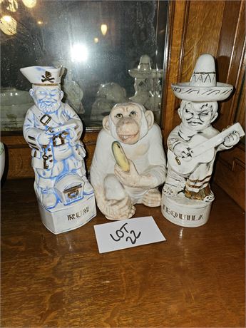 Ceramic Monkey Statue & (2) Liquor Bottles - Tequila & Rum Decanters