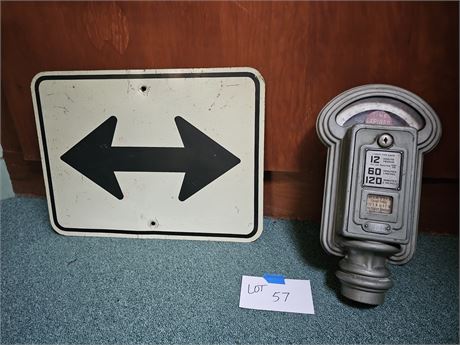 Miller Parking 2-Hour Meter Cast Metal & 2-Way Directional Road Sign