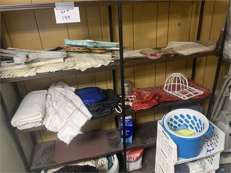 Shelf Cleanout Lot - Linens, Epsom Salt, Ball Cap Washer Frame & More