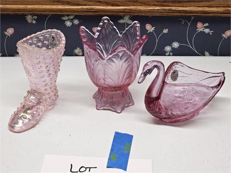 Fenton Lot:Pink Swan/Tulip Votive Holder/Victorian Boot Pink Iridescent Vase
