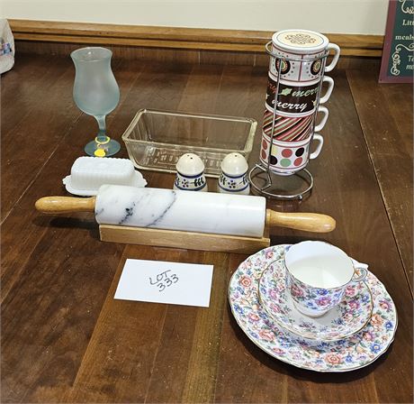 MIXED KITCHEN LOT MARBLE ROLLING PIN, ROYAL VICTORIA 3 PC CHINA, BUTTER DISH