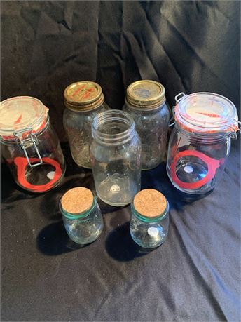 Glass Mason Jar Lot Of 7 Herr Ball Hazel Atlas Cork Tin Lids Rubber Gaskets