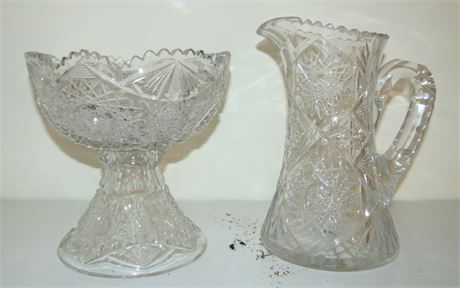 2 Piece Cut Crystal Pedestal Compote Bowl, Pitcher