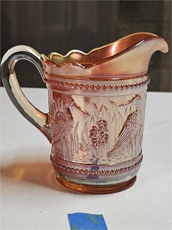 Dugan Marigold Carnival Glass Stork & Rushes Beaded Rim Creamer