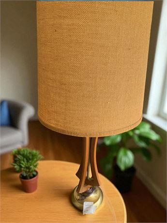 MCM Sculpted Walnut Wood and Brass Lamp W/Shade